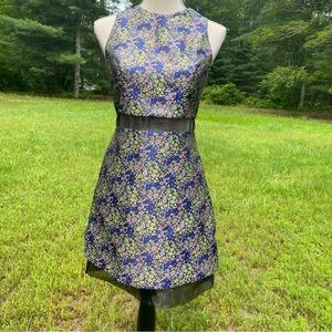 MISS SELFRIDGE DRESS MINI BLACK PINK GREEN BLUE FLORAL SHEER STRIP & HEM SIZE 6